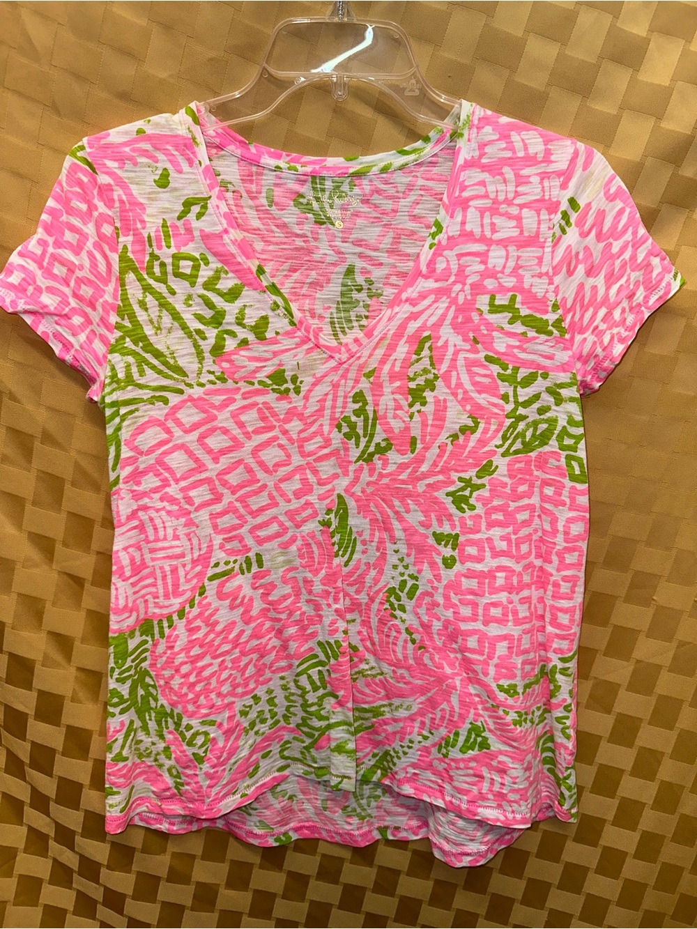 Lilly Pulitzer Pink & Green Short Sleeve V-Neck Printed Top